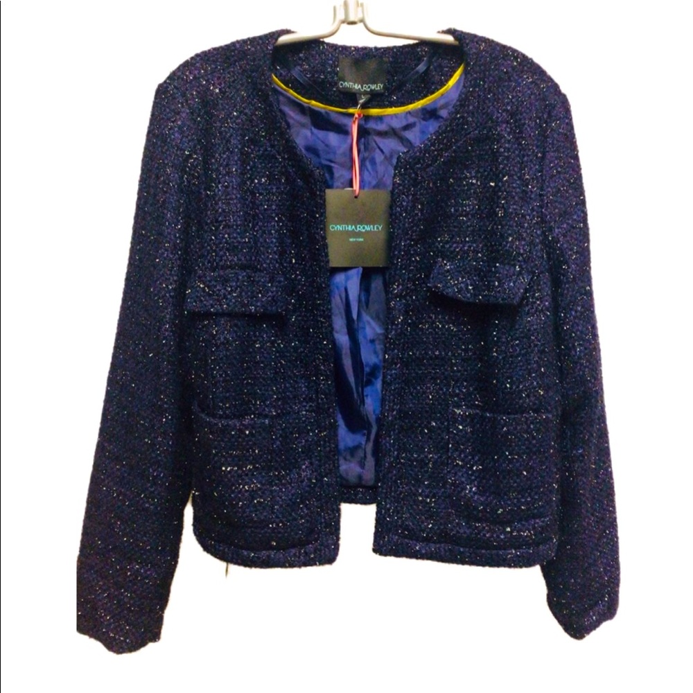 Cynthia Rowley Metallic Navy Blue Tweed Blazer Jacket
